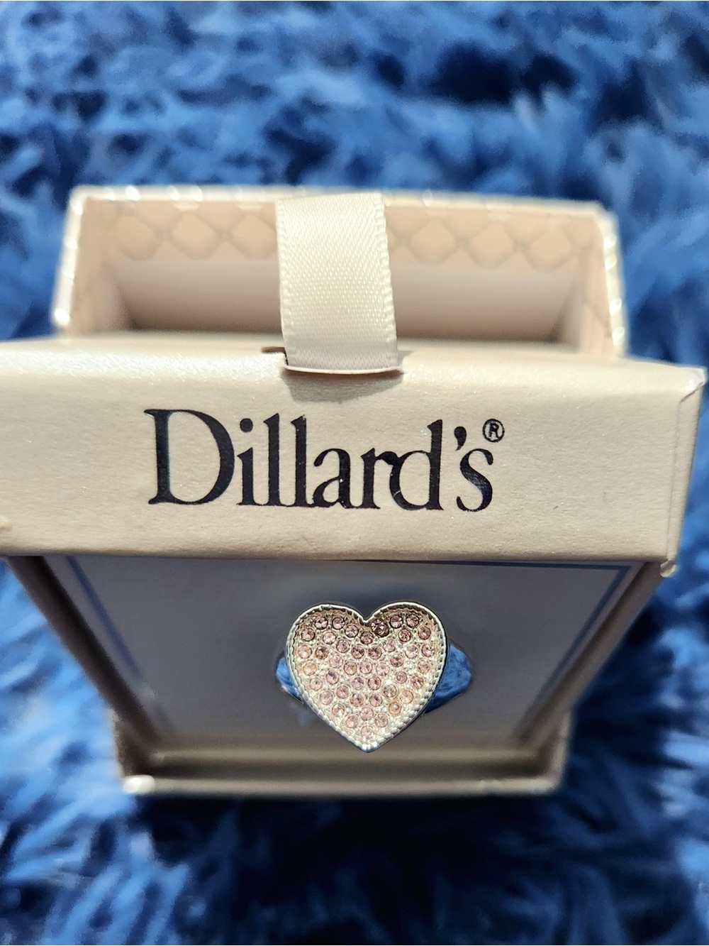 Dillard's heart ring - silver tone band, pink rhinestone pavé stones. Size 8.